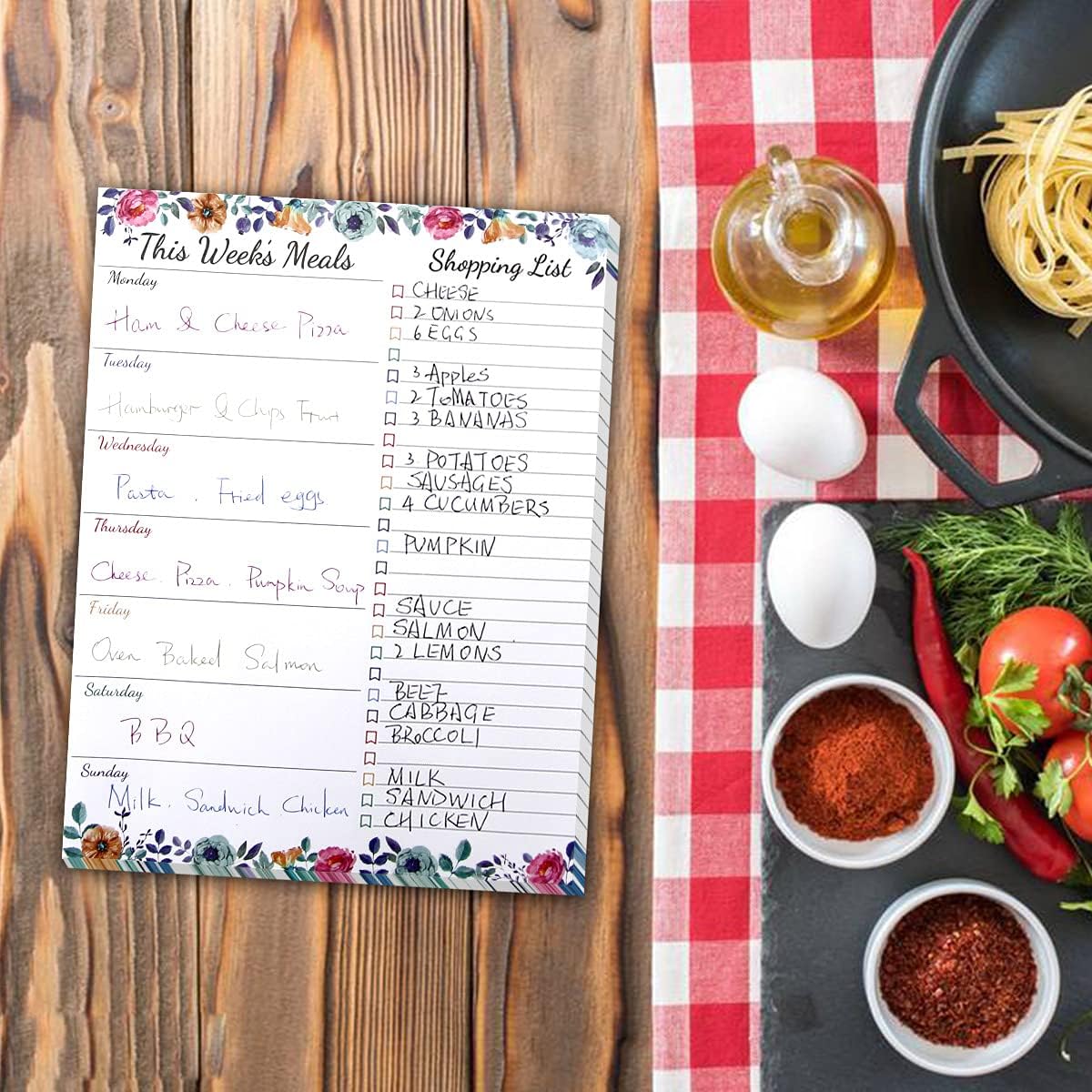Planificador semanal de comidas, bloc de notas magnético floral para refrigerador, almohadilla de planificación de comidas con lista de comestibles