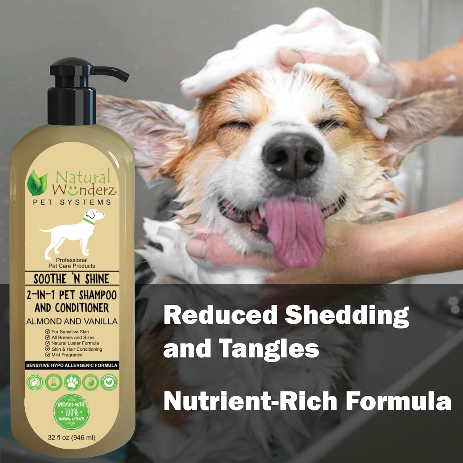 Soothe N’ Shine – Champú y acondicionador para mascotas, sin desprendimiento 2 en 1, almendra y vainilla, alivia la picazón y la piel seca,