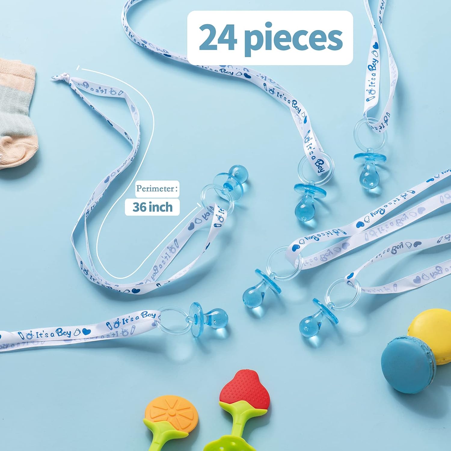 24 chupetes de baby shower para niño, 30 mini chupetes acrílicos con dijes para decoración de fiesta (azul)