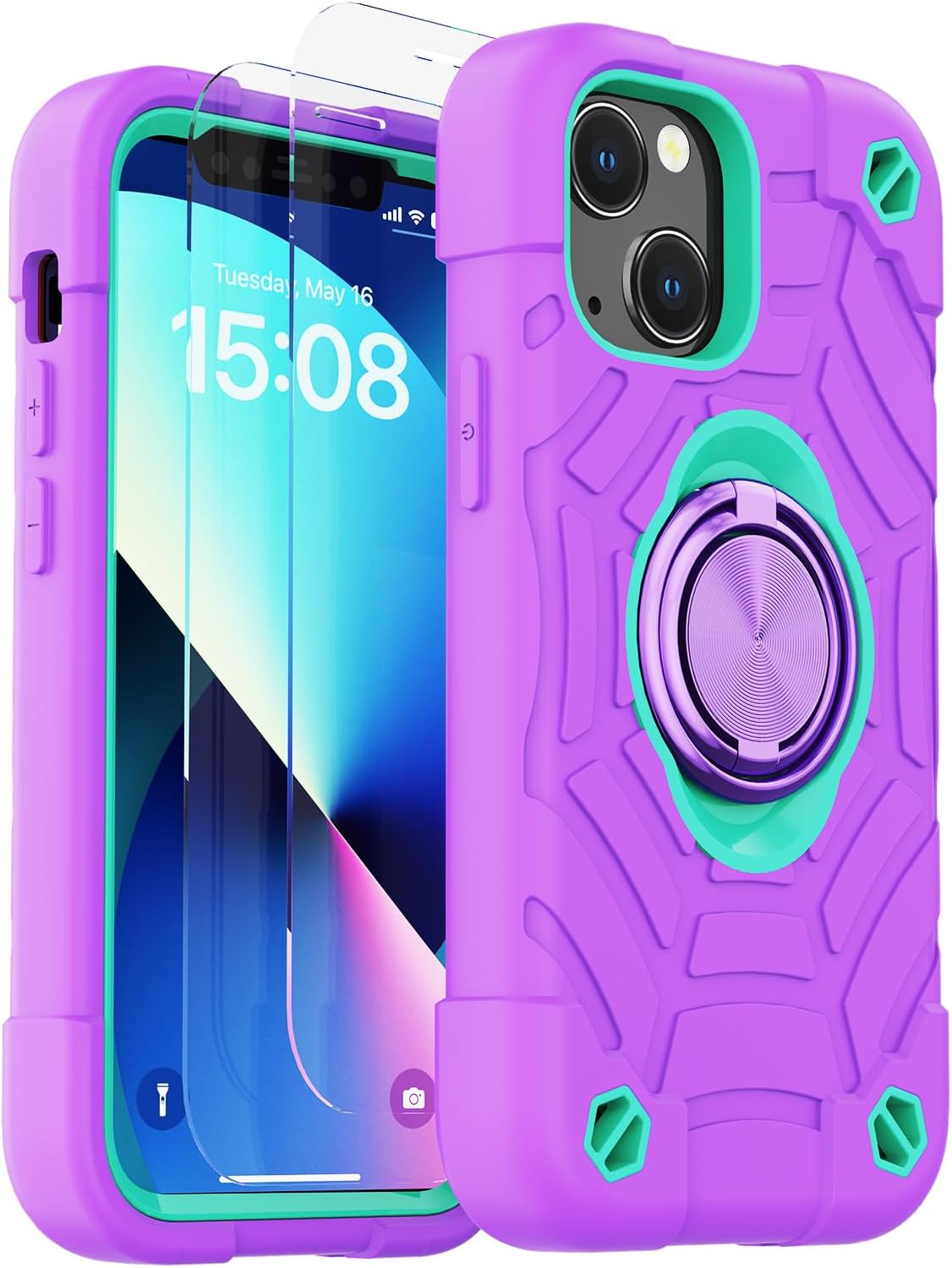 KCJ Funda compatible con iPhone 13 y iPhone 14 con 2 protectores de pantalla, protección contra caídas de grado militar, funda protectora a prueba