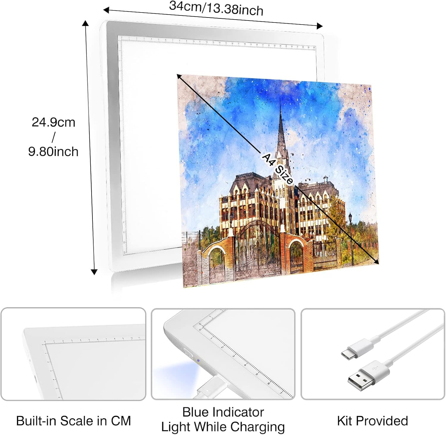 Trazador de caja de luz LED A4 recargable, 5 niveles de brillo regulable A4 LED Pad Tracer para vinilo Cricut, herramientas de deshierbe, caja de