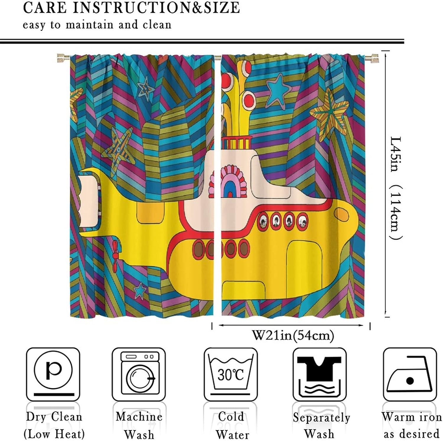 Cortina de decoración artística divertida de submarino amarillo, tela de poliéster impermeable, diseño de cortina de dormitorio, 2 paneles de 42