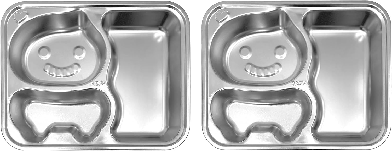 Song & Co Platos de acero inoxidable para niños, diseño de cara sonriente, perfectos para niños pequeños y niños, juego de 2