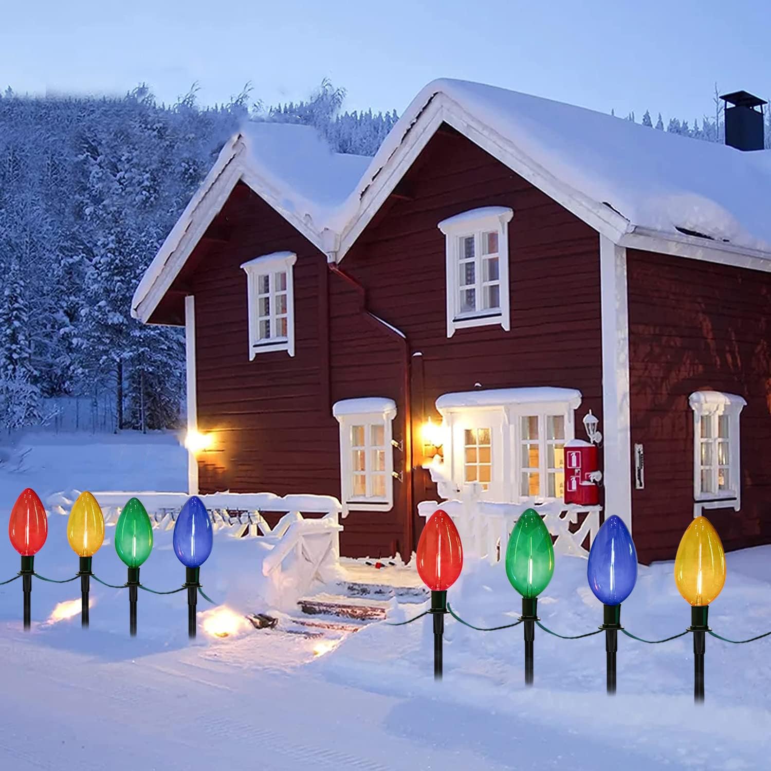 Luces de camino multicolor C9, 2 juegos de luces de 7 pies para exteriores con 8 bombillas LED multicolor C9 gigantes, luces de pasillo de Navidad