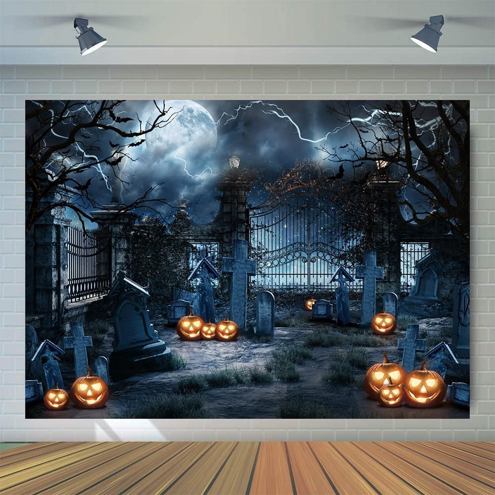 WOLADA Telón de fondo de Halloween de 7 x 5 pies, telón de fondo espeluznante para cementerio, telón de fondo de luna llena, terror, nube oscura,