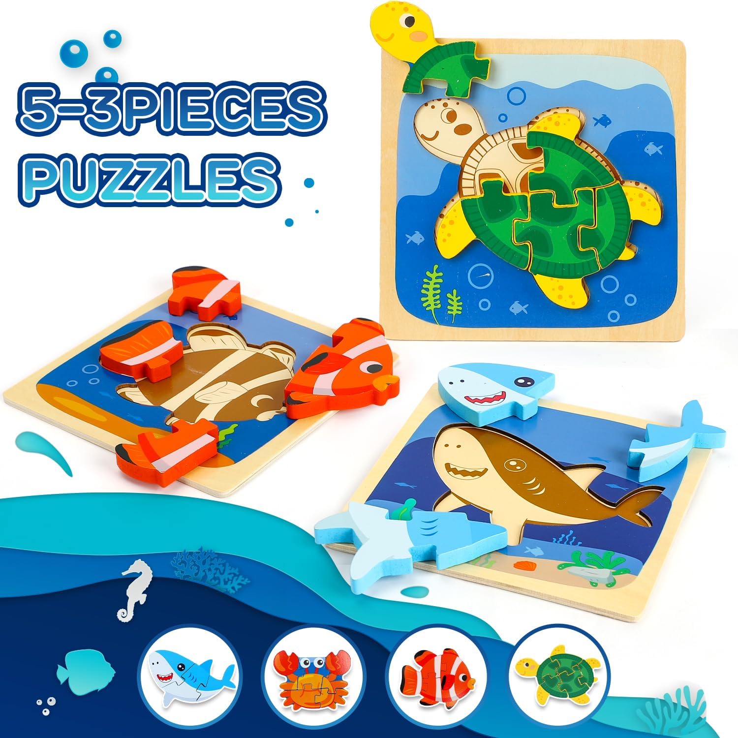 TOY Life Rompecabezas de 4 piezas para niños de 2 a 4 años, rompecabezas de madera de animales marinos para niños pequeños de 1 a 3 años, juguetes