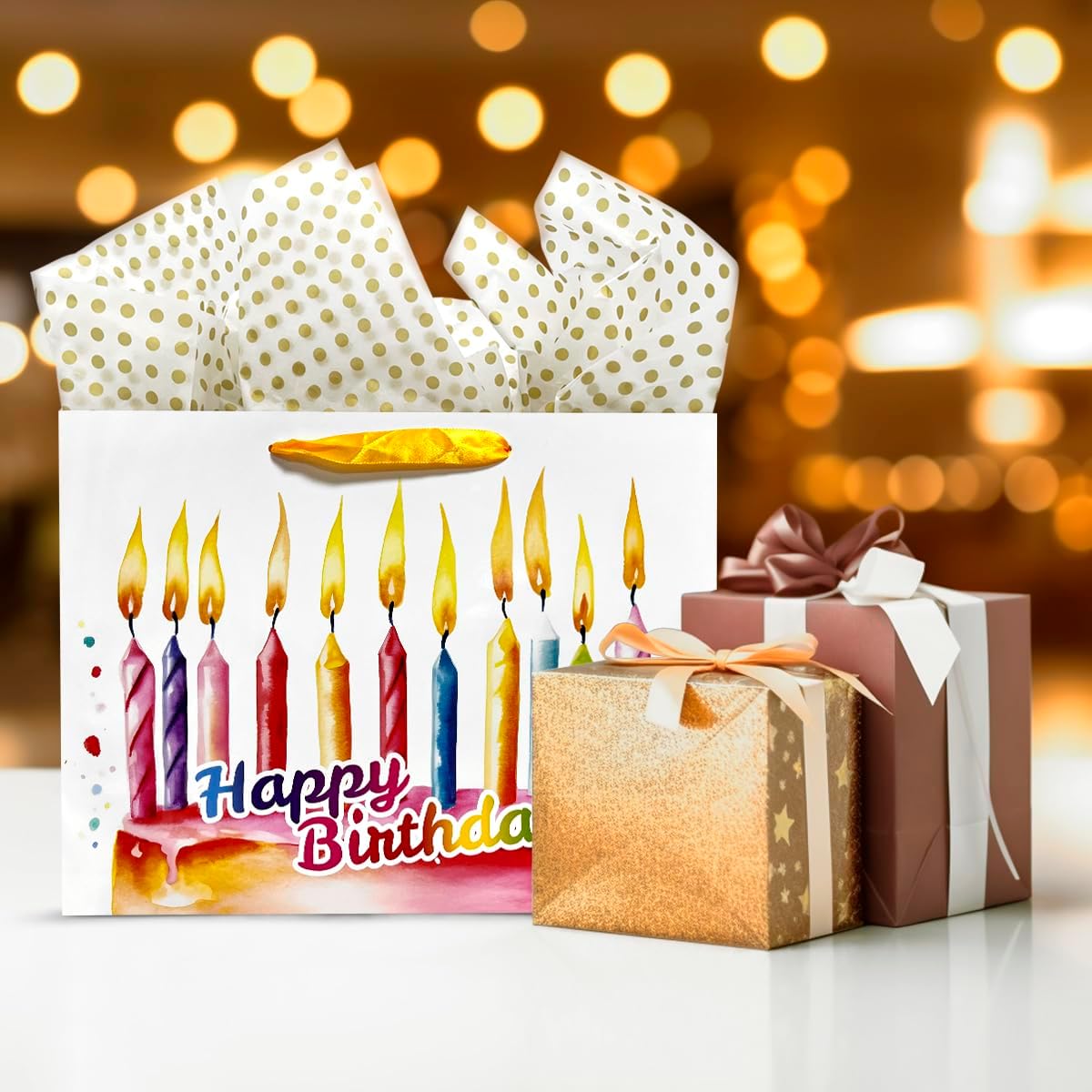 AlsterPlus+ Bolsa de regalo de cumpleaños grande de 13 pulgadas con papel de seda, bolsa de regalo de papel con asas, tarjeta de felicitación y