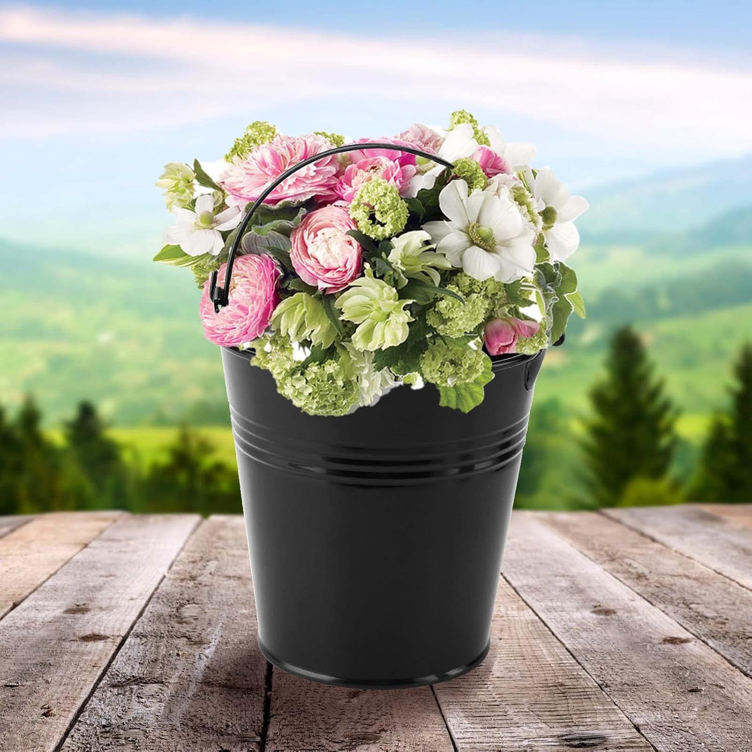 TAICHEUT Paquete de 15 cubos negros pequeños galvanizados, cubos de metal con asa, cubo pequeño para fiesta, para flores, dulces, aperitivos y