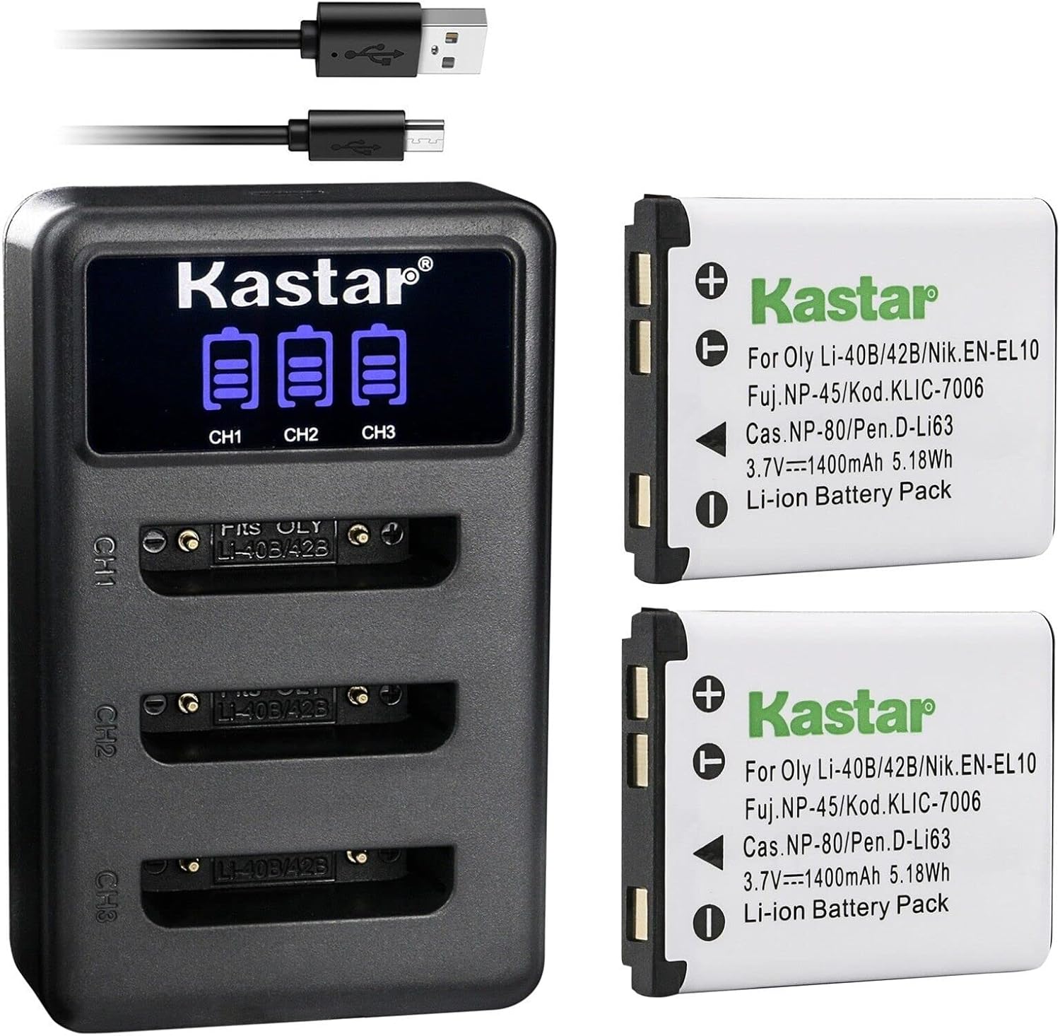 Kastar Paquete de 2 baterías y cargador USB triple LCD compatible con Sanyo Xacti VPC-T1495, Xacti VPC-T1496, Xacti VPC-TP1000, HP (Hewlett Packard)