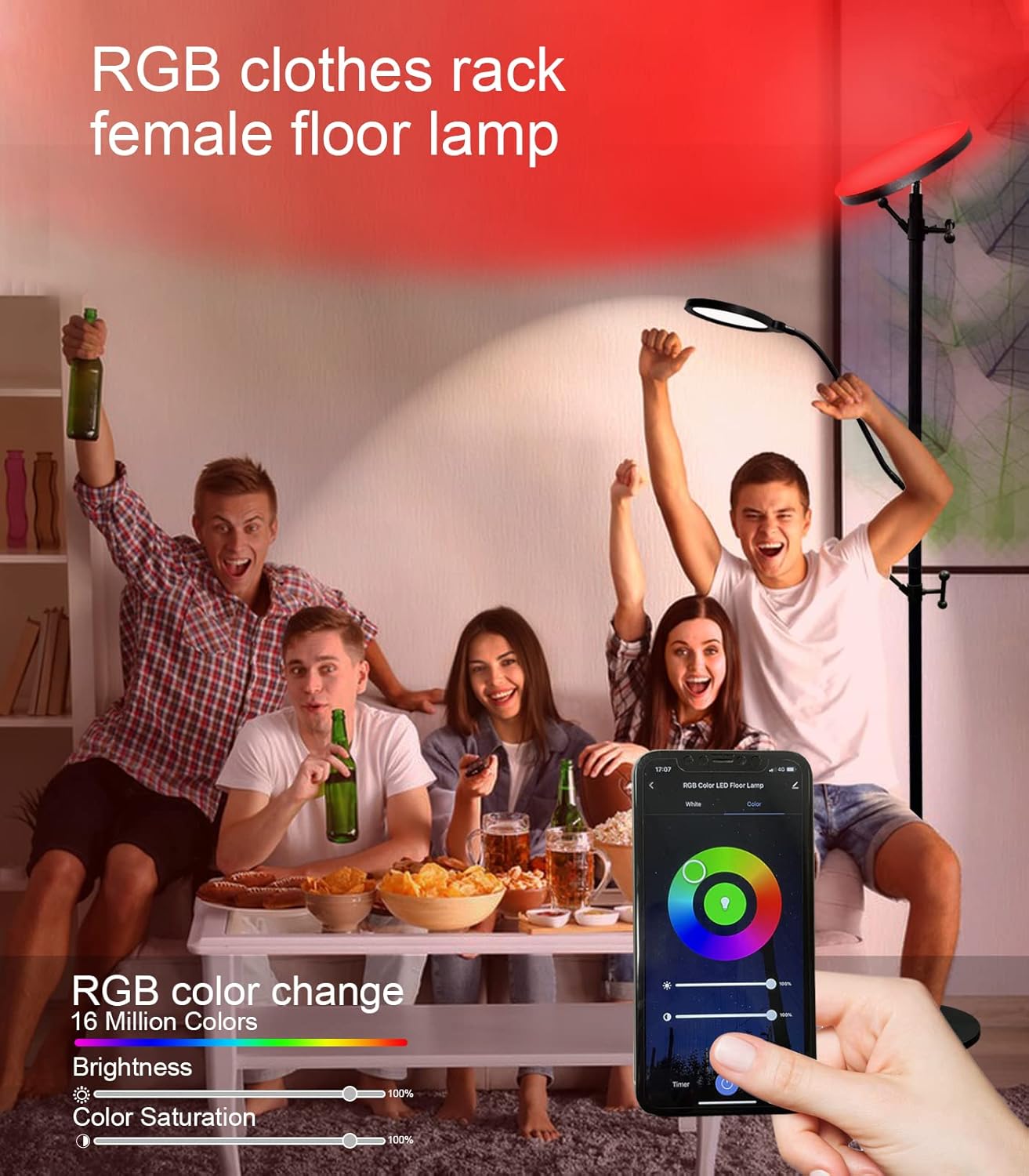 Lámpara de pie inteligente RGB, lámpara de sala de estar, lámpara de ropa y sombrero, lámpara de pie LED luz principal y lámpara de lectura lateral,