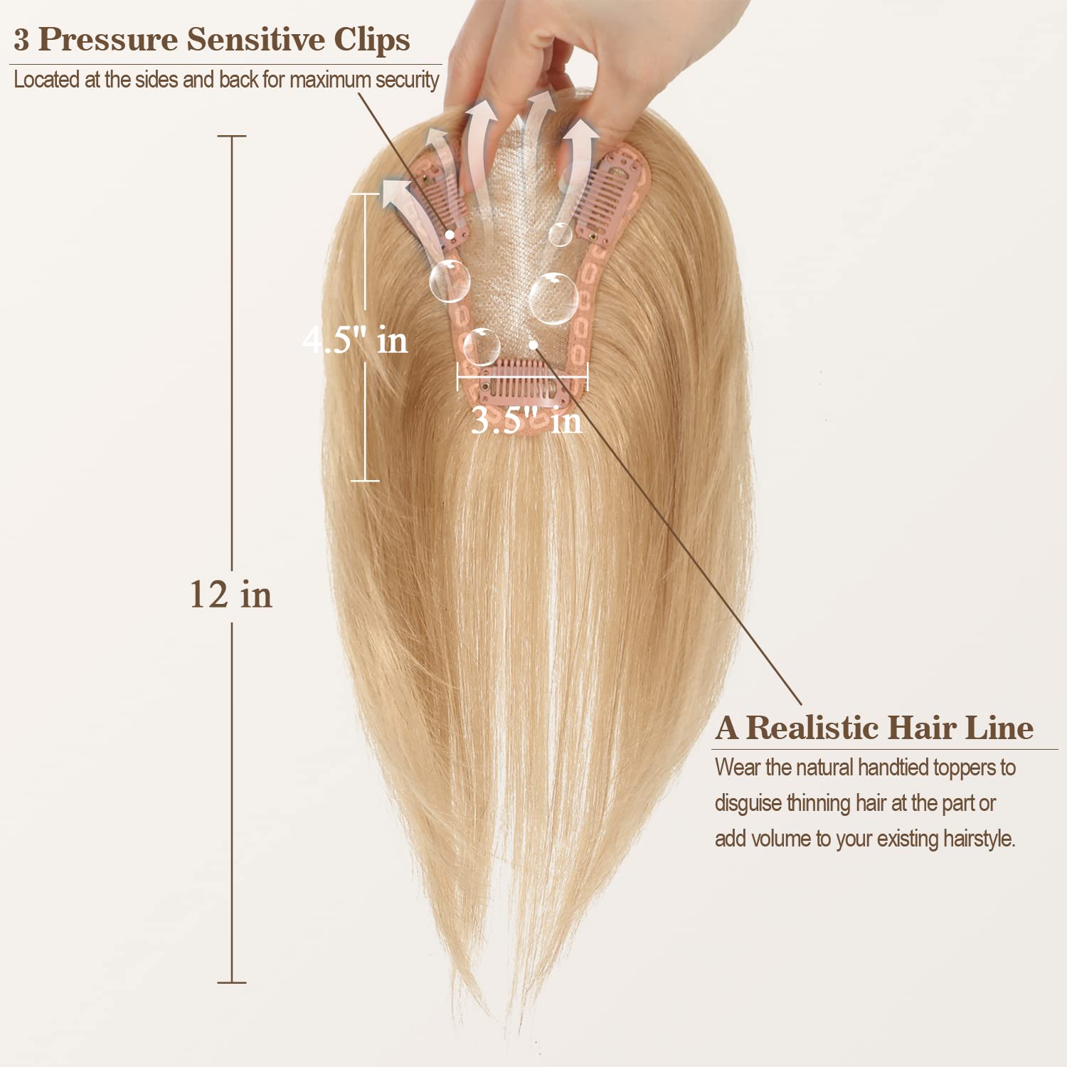 UDU Toppers para el cabello para mujer, adornos de cabello humano real para mujeres con cabello fino, adornos marrones, pasteles de pelo con