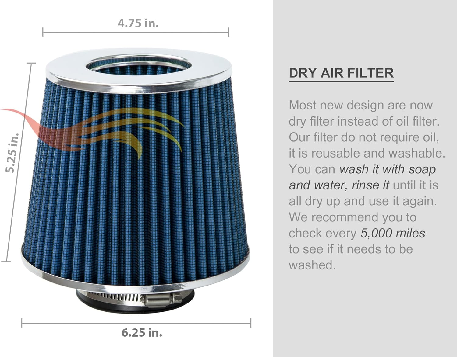 BLUE – Filtro de aire seco de repuesto para camión de entrada de aire frío de 3.5 pulgadas (3.504 in) de rendimiento, lavable, con abrazadera (8