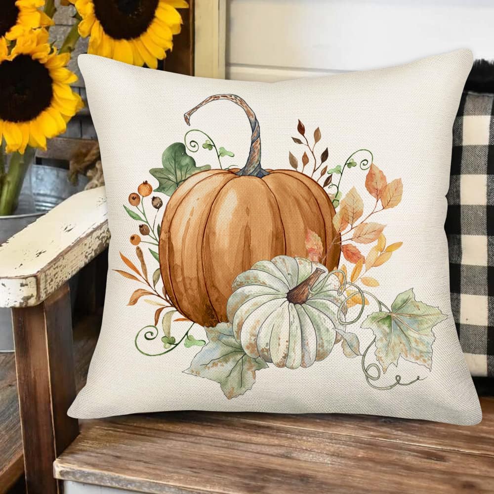 MEHOTOP Fundas de almohada de calabaza naranja de 24 x 24 pulgadas, fundas de almohada rústicas de granja, calabazas de acuarela, hojas de arce,