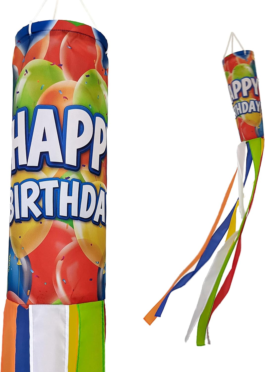 Calcetín de viento de globos de feliz cumpleaños  Decoración duradera para colgar al aire libre  Patio, terraza, patio, niños y más  60 pulgadas