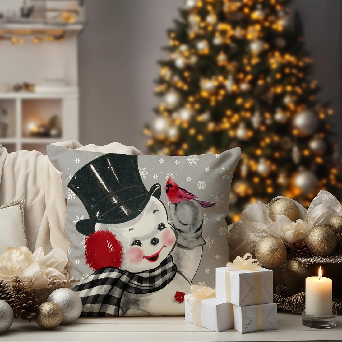 Juego de 4 fundas de almohada navideñas de búfalo de 20 x 20 pulgadas, diseño de muñeco de nieve de Papá Noel, copos de nieve, decoraciones