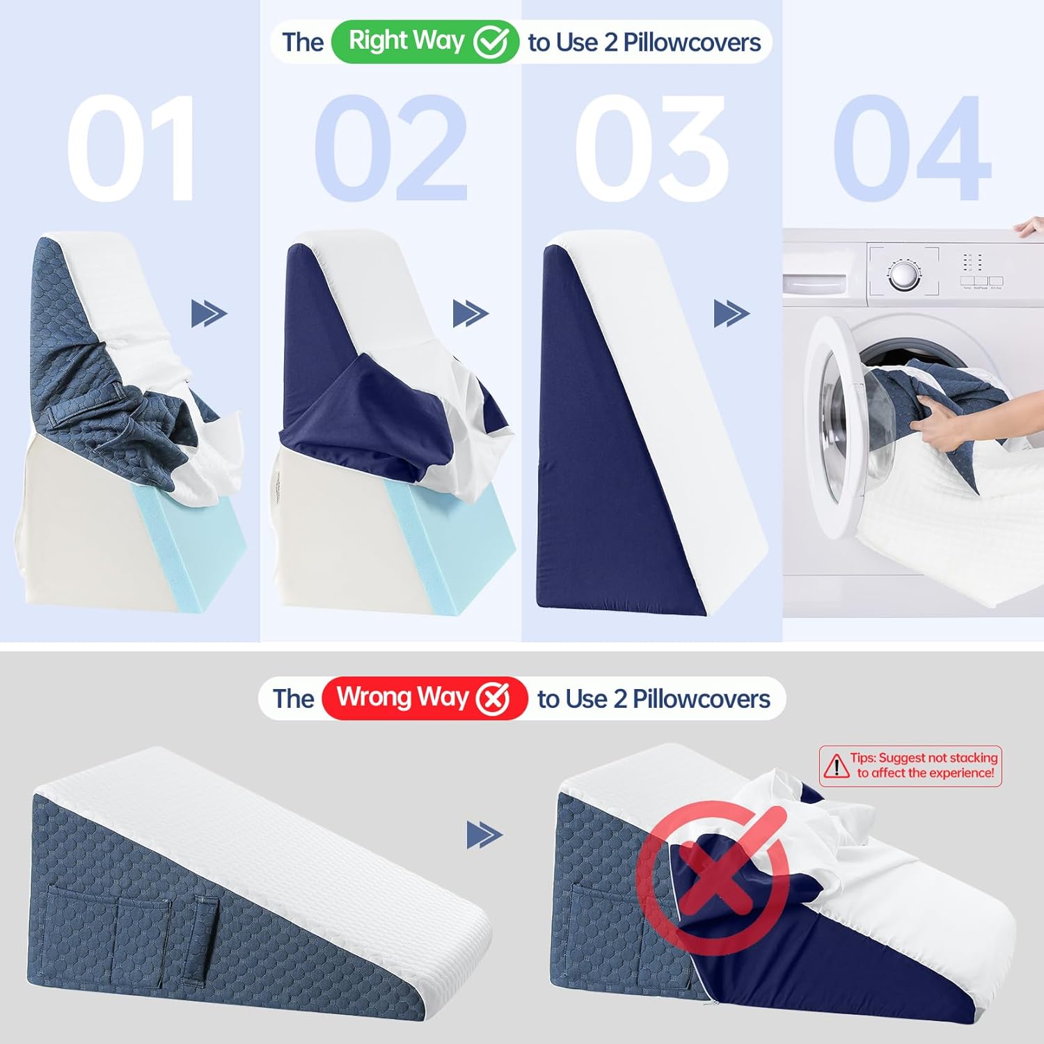 Almohada de cuña de 12 pulgadas con fundas extra reemplazables para mejorar el sueño después de la cirugía, almohada triangular de cuña Gerd