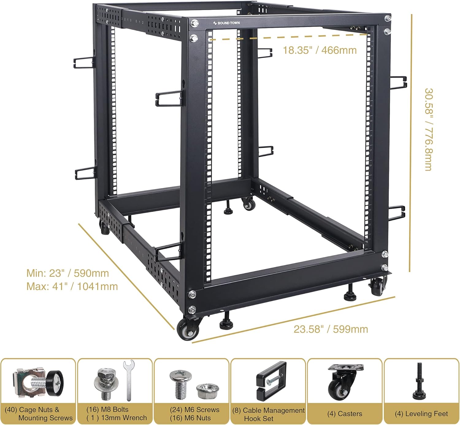 Sound Town Rack de 4 postes de 15U de marco abierto y equipo de red con profundidad ajustable de 22 a 40 pulgadas, ruedas, niveladores, gestión de