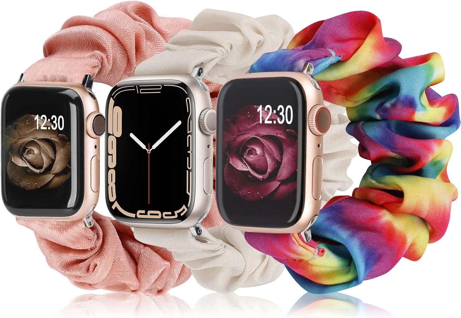 TOYOUTHS 3 paquetes compatibles con Apple Watch Band Scrunchies de 1.614 pulgadas, 1.575 pulgadas, 1.496 pulgadas, tela suave impresa, correas