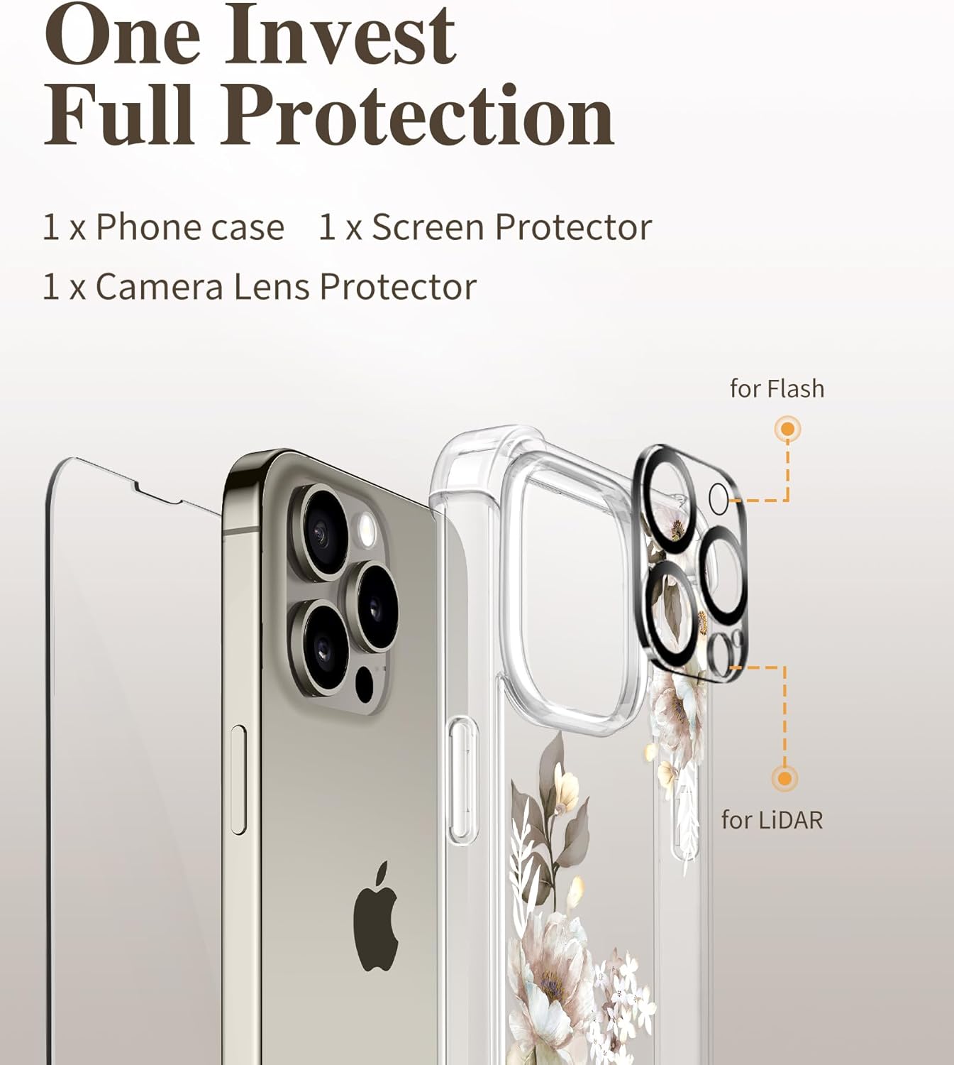 GVIEWIN Funda para iPhone 15 Pro floral, con protector de pantalla + protector de lente de cámara, no se pone amarillenta delgada y a prueba de