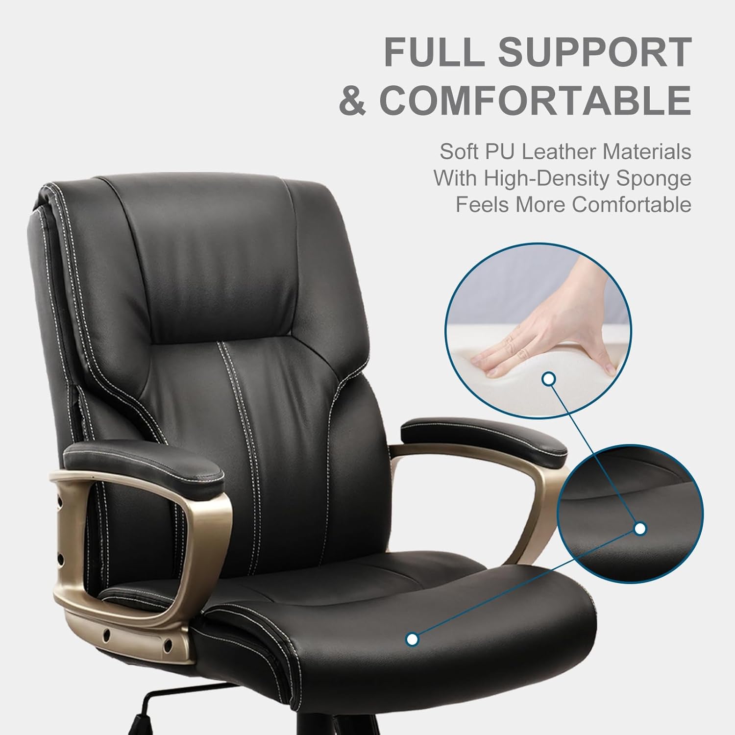 CLATINA Silla de escritorio ergonómica de oficina negra y dorada con soporte lumbar, sillas ejecutivas de cuero con respaldo alto con ruedas y