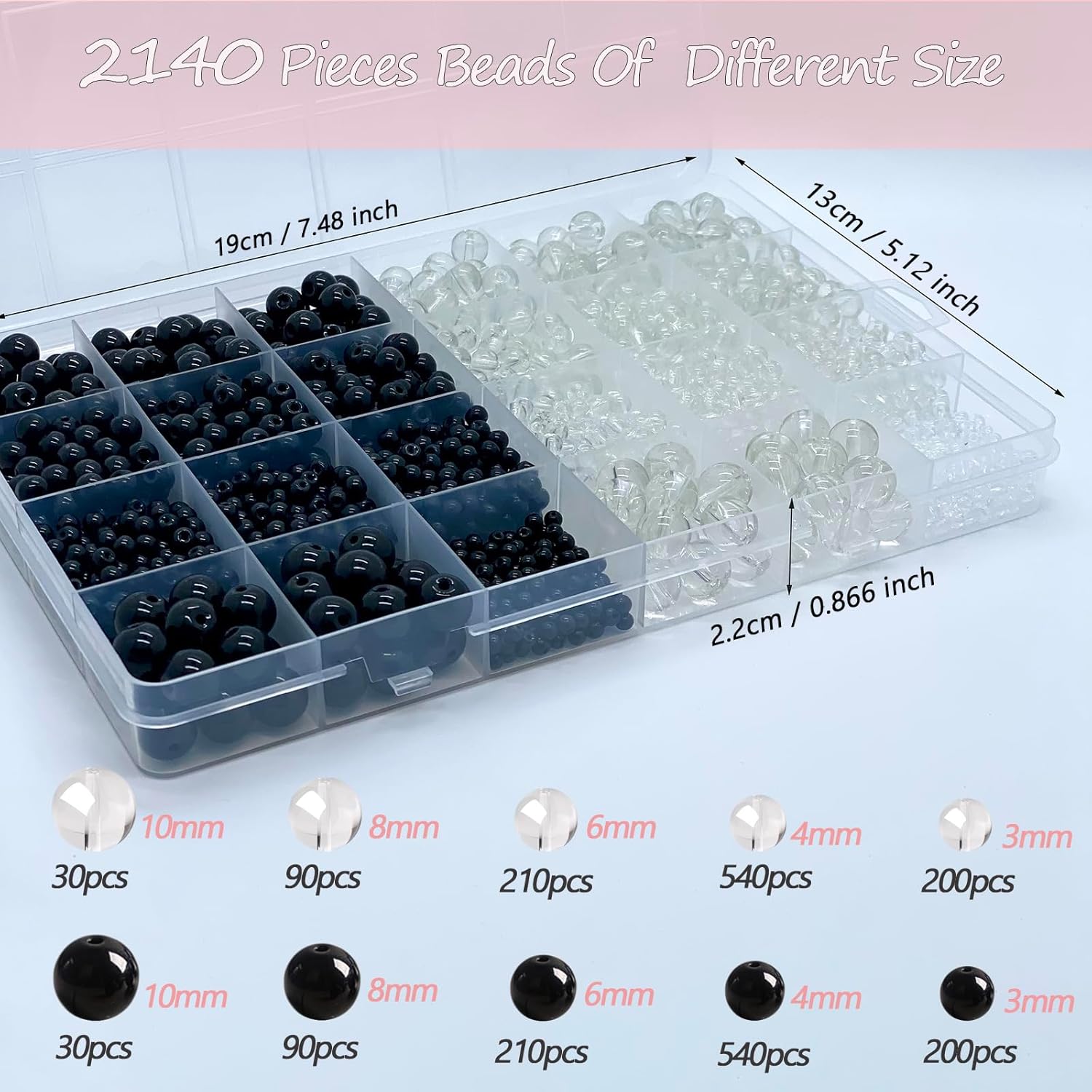 2140 cuentas de vidrio negro y transparente para hacer pulseras de 0.157 in, 0.236 in, 0.315 in, cuentas de vidrio redondas transparentes negras