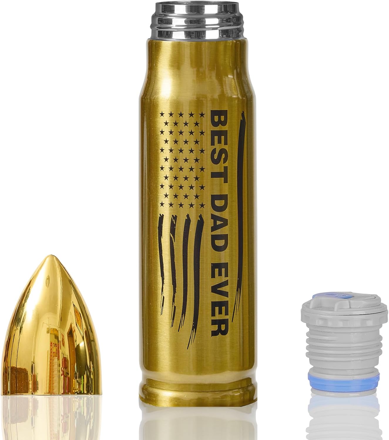 Best Dad Ever Afranti 304 – Botella de agua con forma de bala de acero inoxidable 304, 17 onzas, 16.9 fl oz, doble pared aislada al vacío, taza de