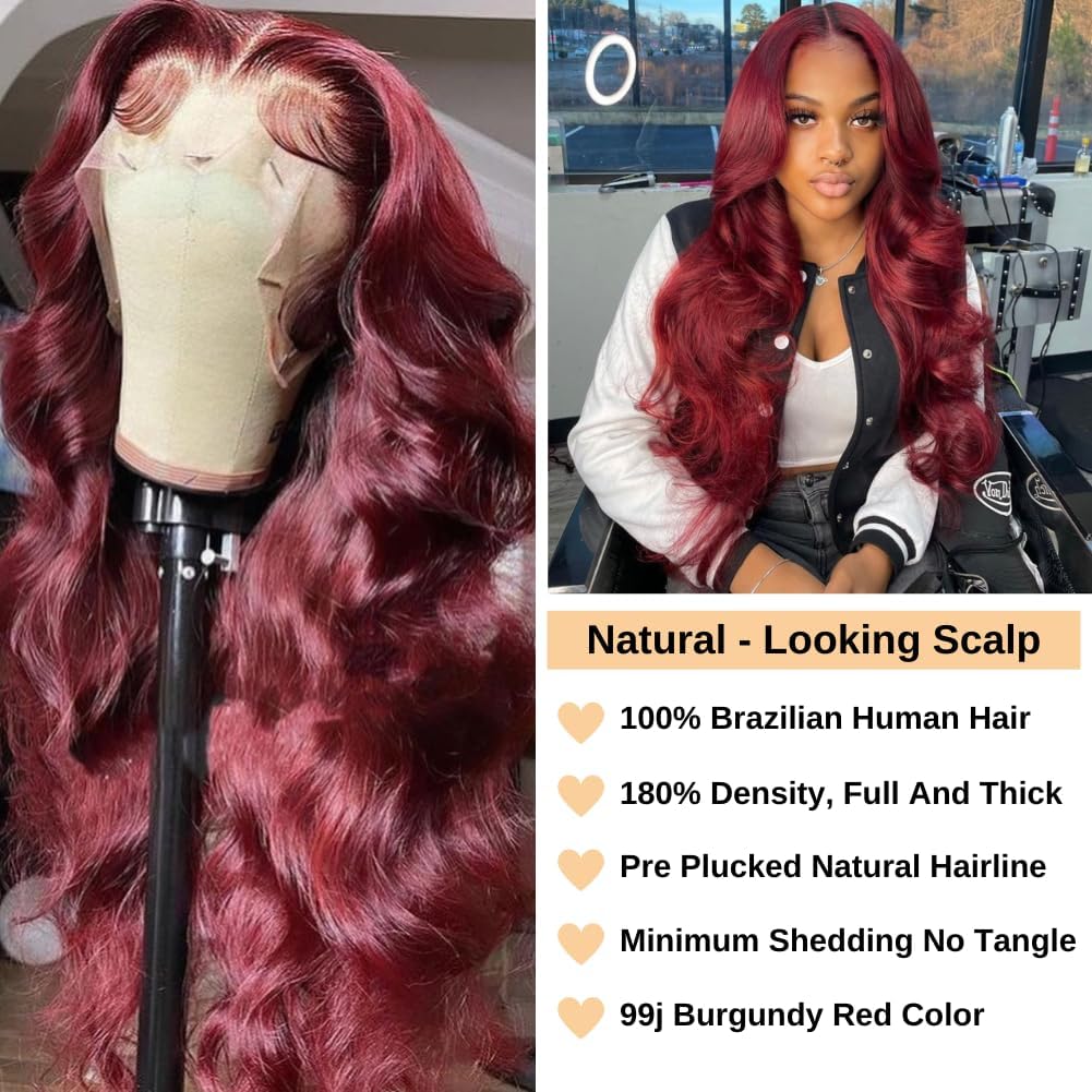 Peluca de cabello humano ondulado con encaje frontal color borgoña 99J de 13 x 4, densidad del 150 %, pelucas de color rojo vino para mujeres,