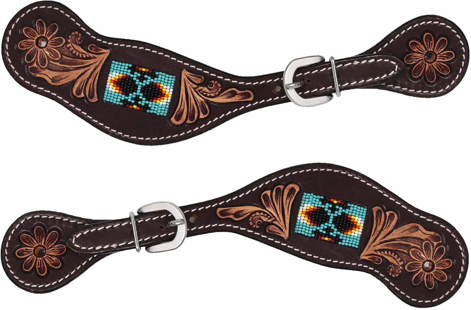 CHALLENGER Caballo Occidental Floral Tooled Cuero Con Cuentas Incrustaciones Vaquero Rodeo Botas Espuela Correas 74188