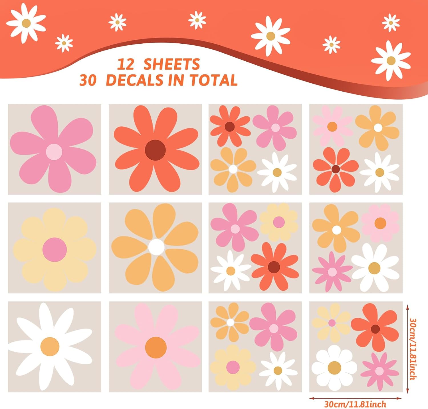 12 hojas de calcomanías de pared de margaritas blancas, calcomanías de pared de margaritas grandes, calcomanías florales para niños, niñas,
