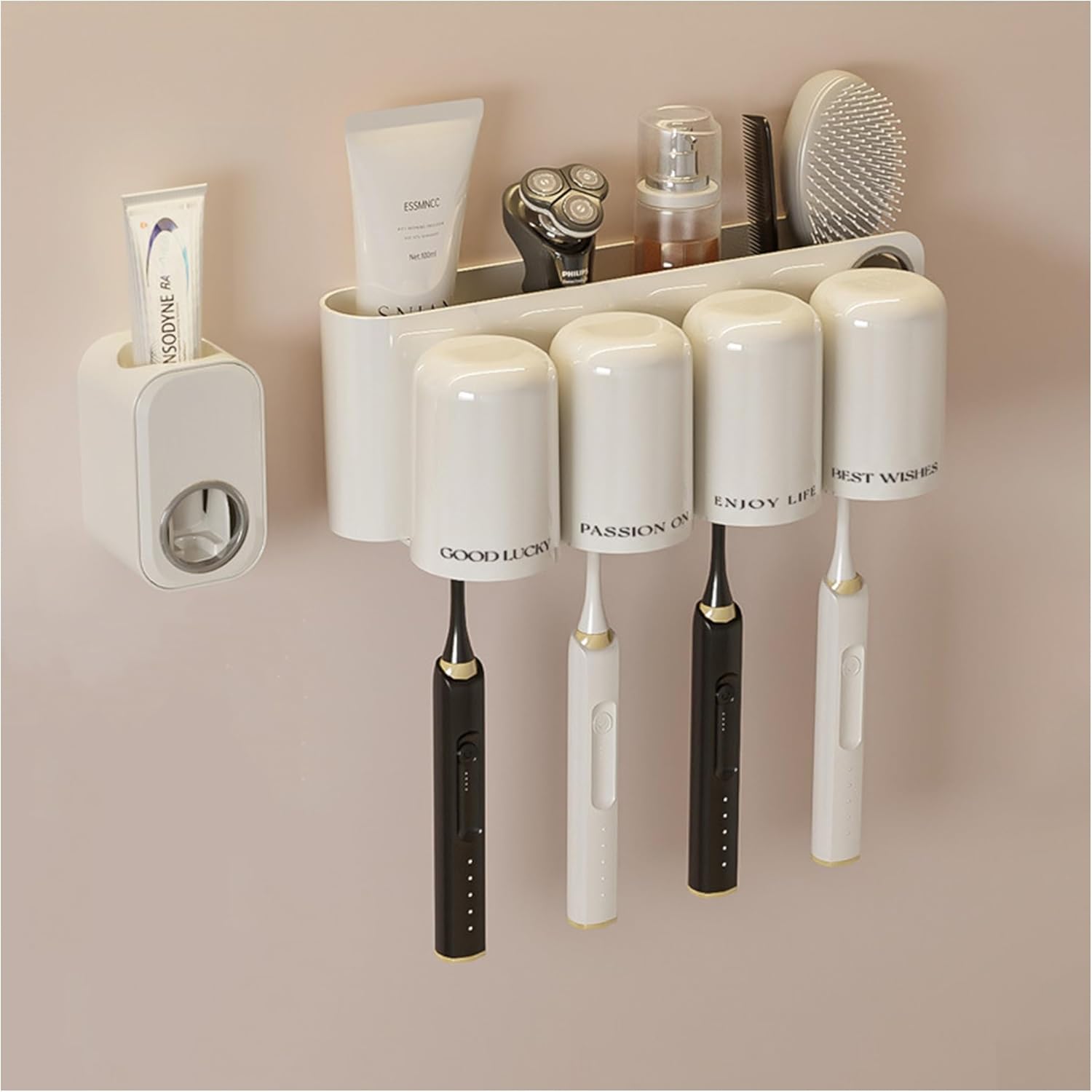 Estante para cepillos de dientes de 4 ranuras, incluye 1 exprimidor de pasta de dientes, 4 tazas de enjuague bucal, soporte multifunción para