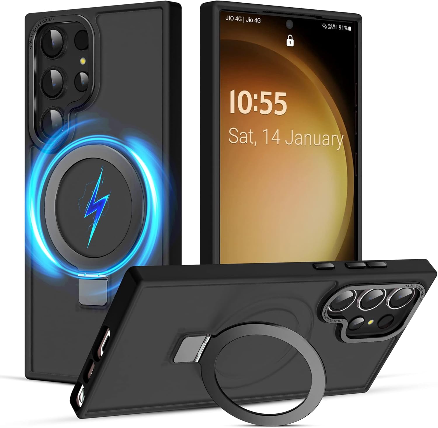 Funda para Samsung Galaxy S23 Ultra con soporte de anillo magnético, protección contra caídas de grado militar translúcida mate para mujeres y