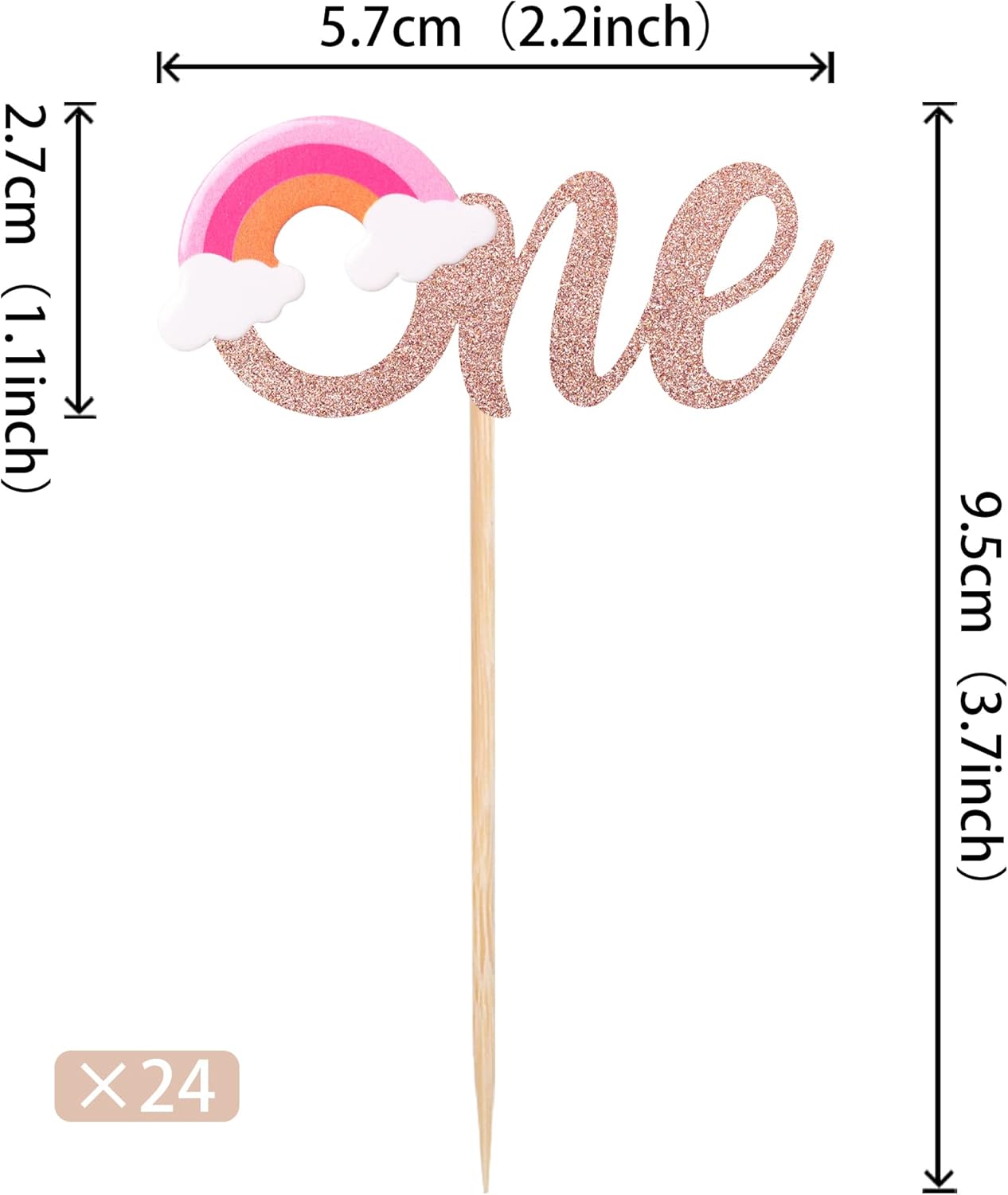 Paquete de 24 adornos para cupcakes de arcoíris con purpurina para el primer cumpleaños, decoración para baby shower, niñas, niños, fiesta de primer