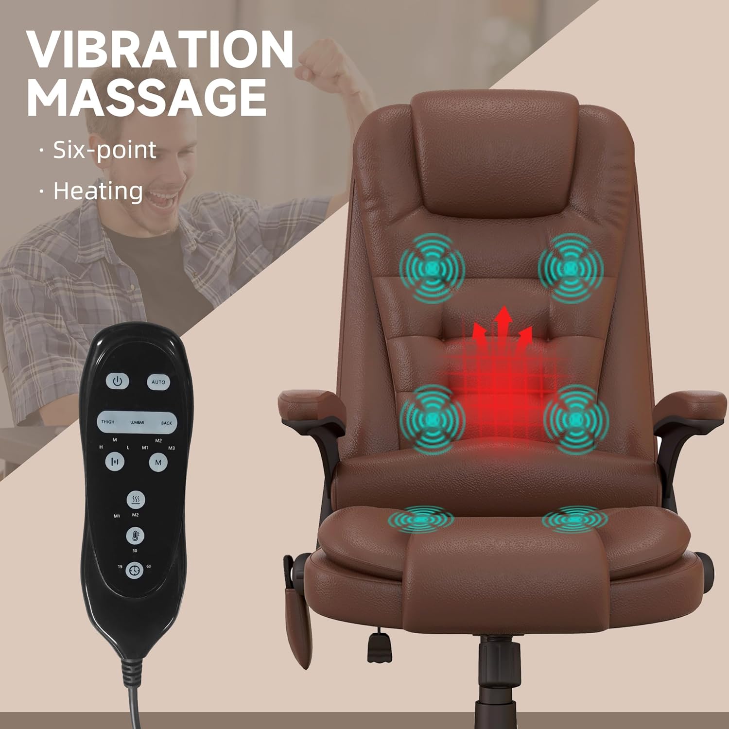 HOMCOM Silla de oficina de masaje con vibración de respaldo alto con 6 puntos de vibración, silla de computadora reclinable con calefacción de piel