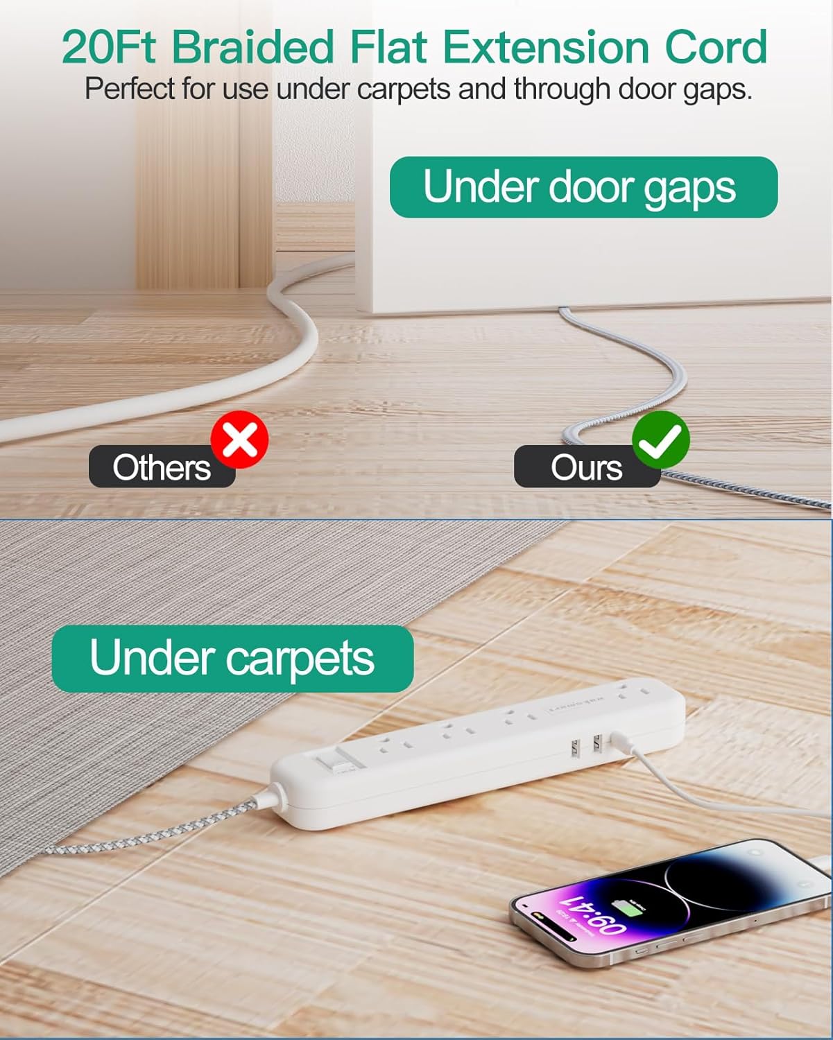 Cable de extensión plano de 20 pies, múltiples tomacorrientes, protector de sobretensiones, 8 salidas de CA, 3 USB de carga rápida (3.4 A 17 W),