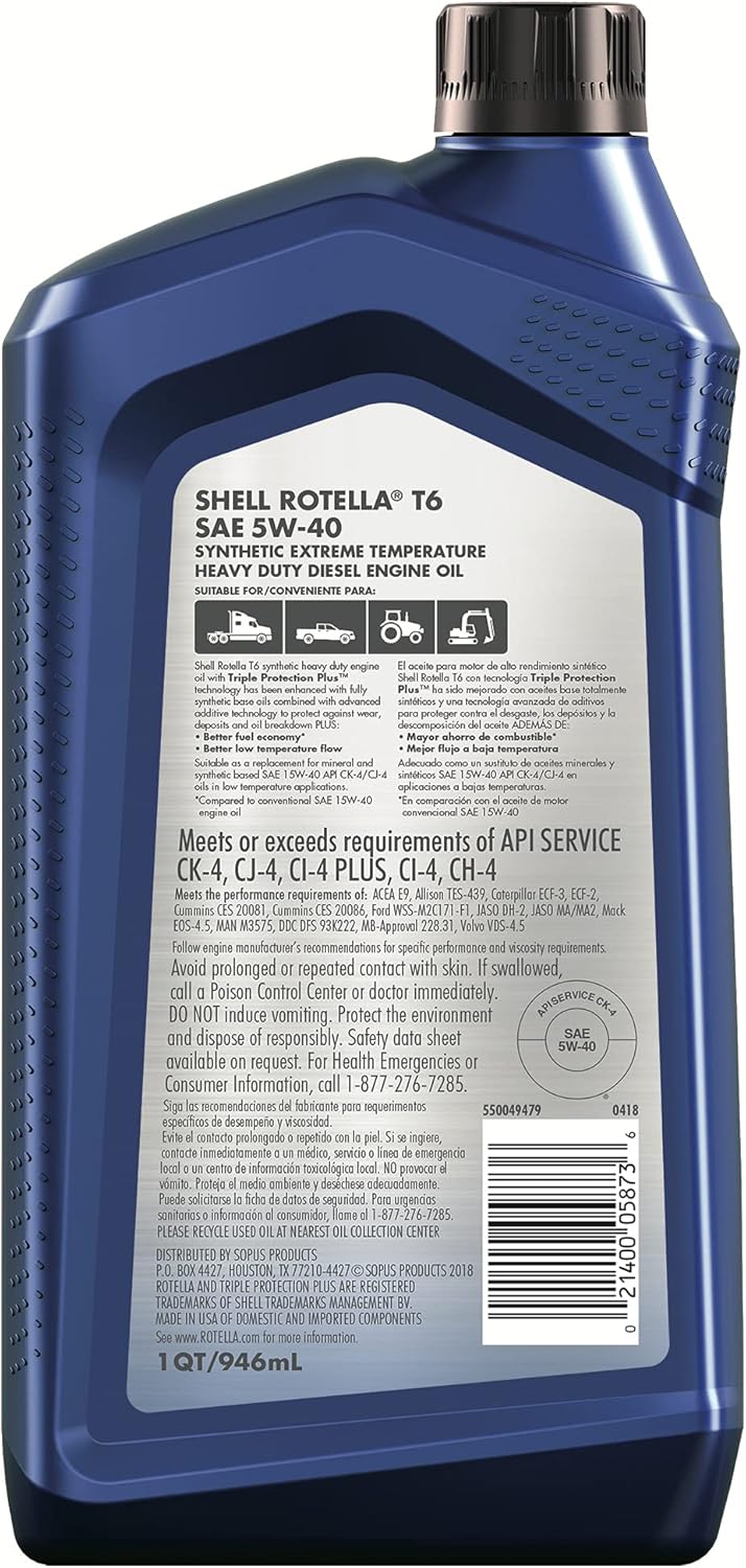 Shell Rotella T6 – Aceite de motor diésel totalmente sintético 5W-40 (1 cuarto de galón, caja de 6)