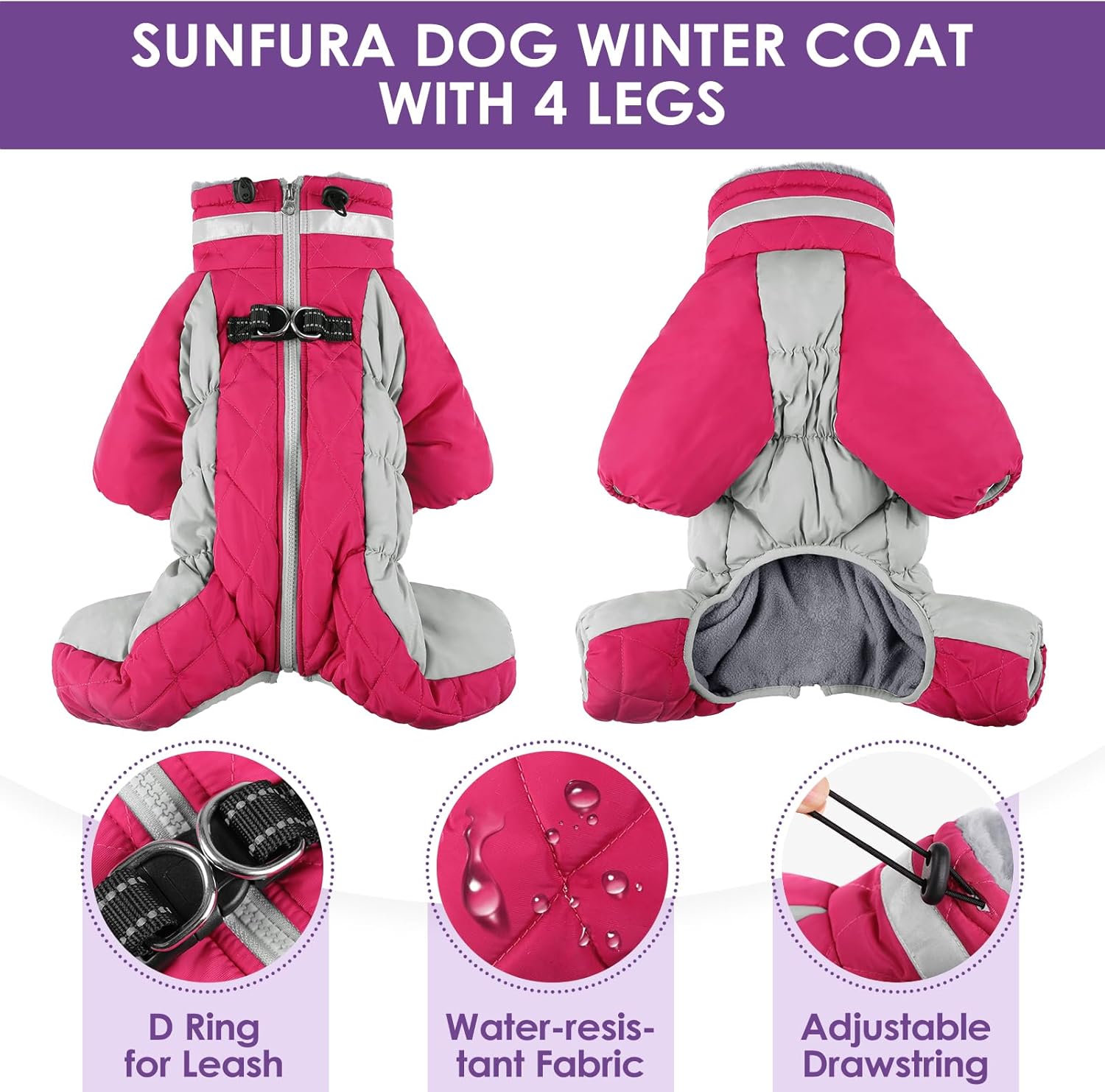 SUNFURA Abrigo de cuatro patas para perro, chaqueta de forro polar cálido para perro, abrigos de invierno reflectantes con arnés, resistente al