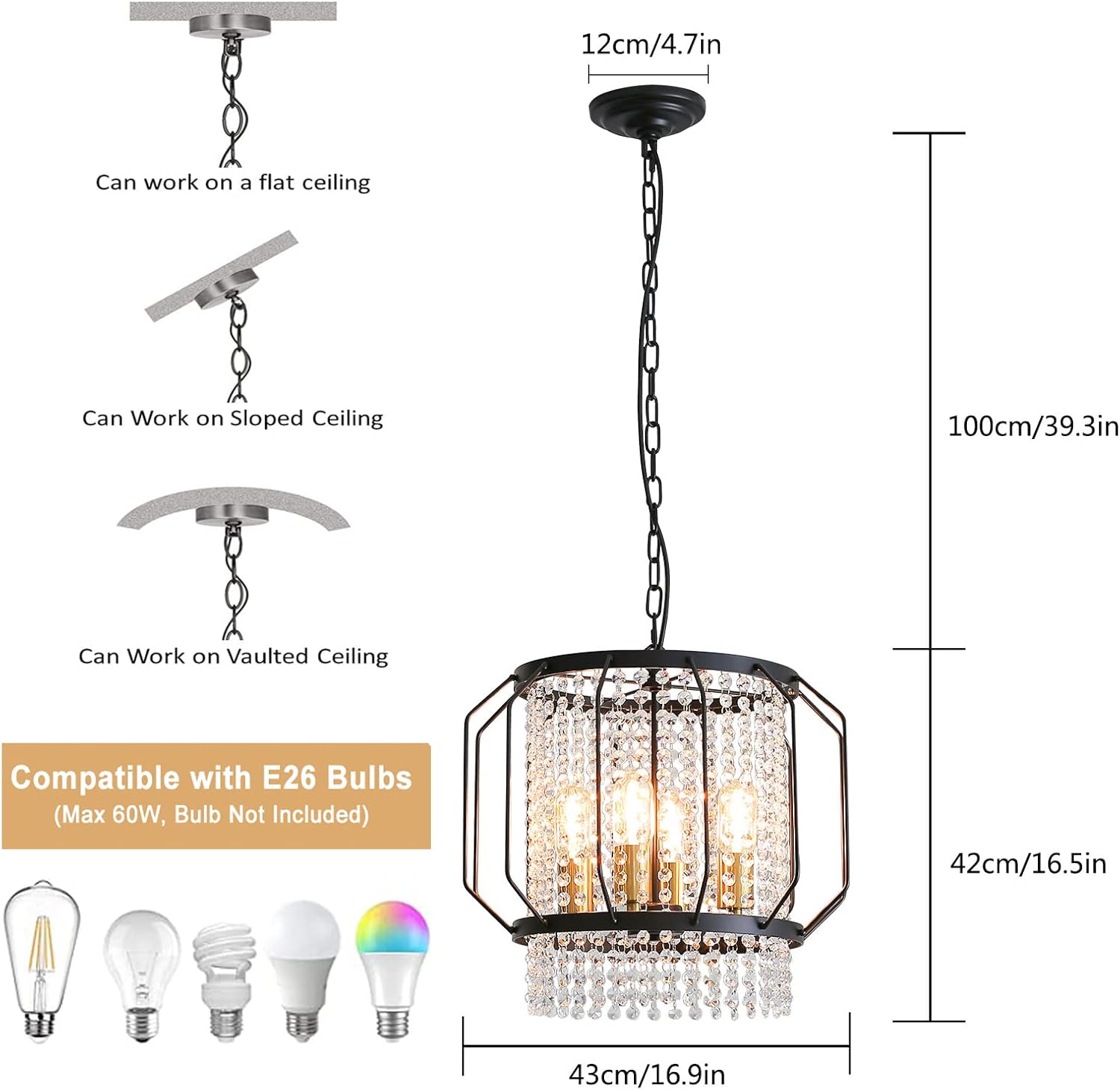 Lámpara colgante de cristal de metal negro con 4 luces, lámpara de techo colgante para pasillo, entrada, dormitorio, balcón, isla de cocina