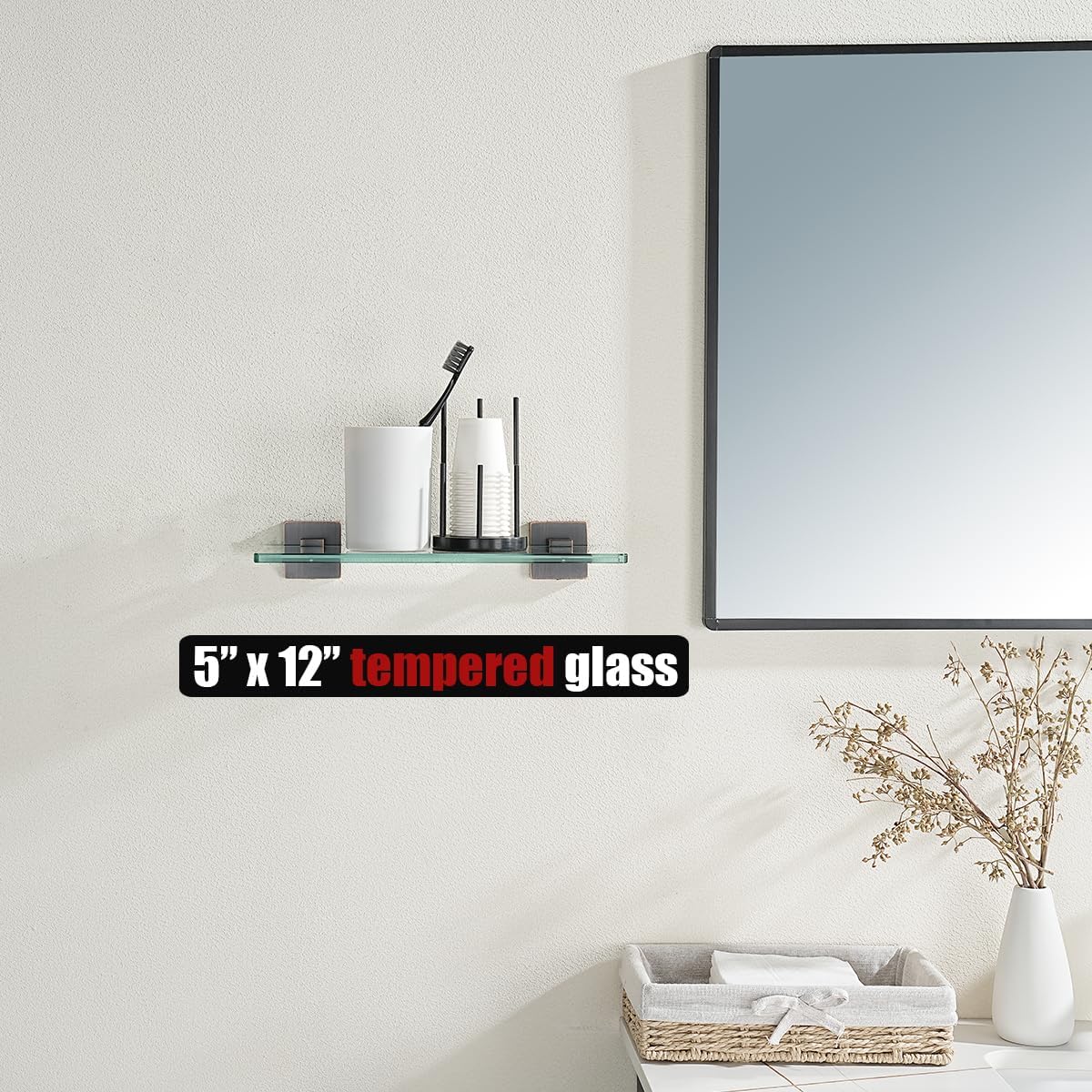 JQK TGS201L12-ORB – Estante de vidrio para baño de bronce aceitado, almacenamiento de ducha de vidrio templado de 12 x 5 pulgadas, montaje en pared