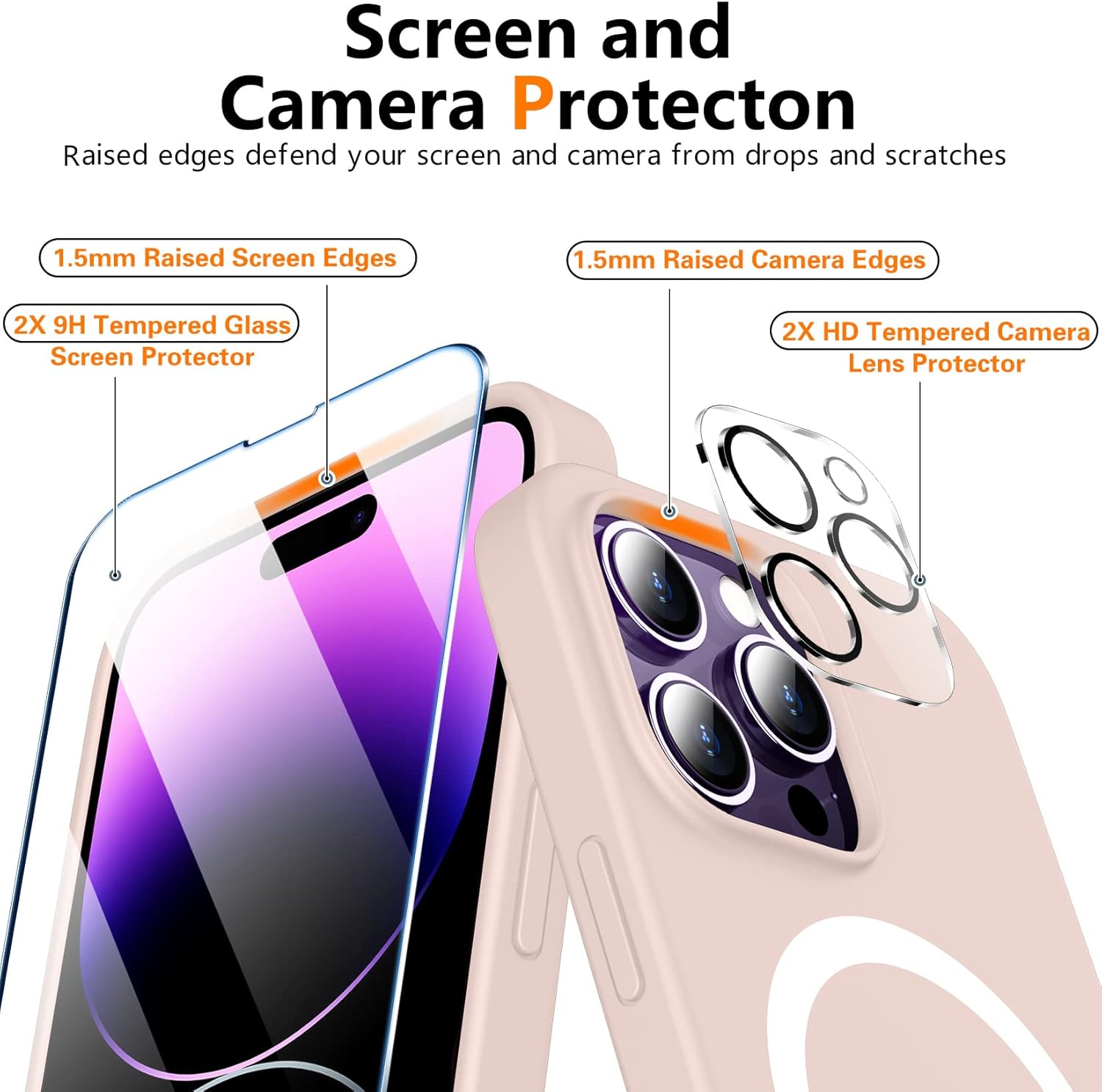 Temdan Funda magnética de silicona líquida para iPhone 14 Pro, compatible con Magsafe, 2 protectores de pantalla de vidrio + protector de cámara,