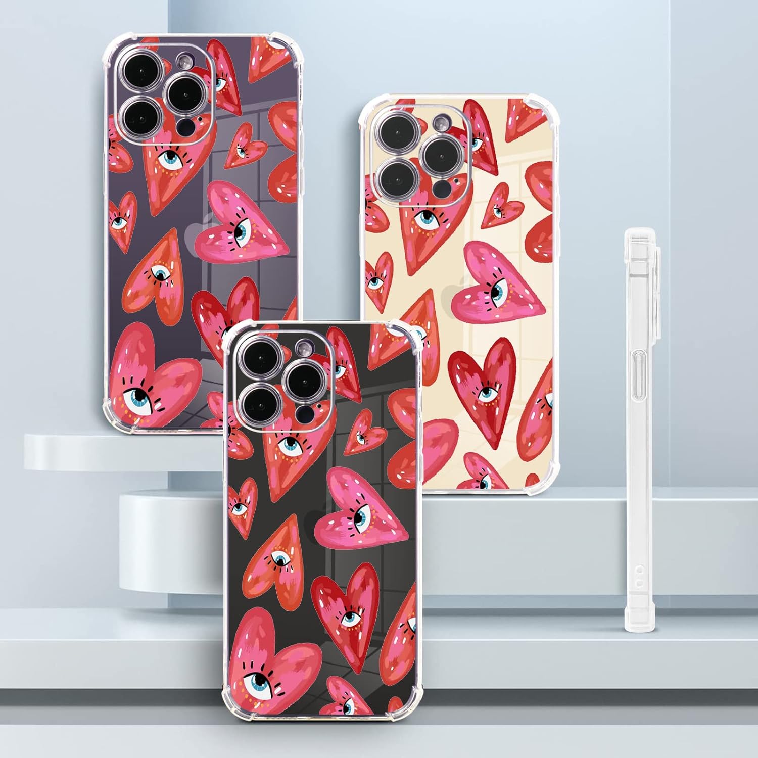 Buffertech – Funda para iPhone 11 Pro Max con diseño de ojos rojos, patrón de corazones de amor con protector de pantalla impacto de caída de 6.6