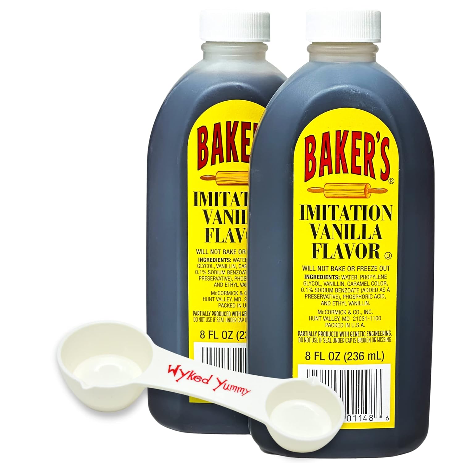 Wyked Yummy Sabor a vainilla de imitación con (2) botellas de 8 onzas de vainilla de imitación de panadero y (1) cuchara medidora todo en uno