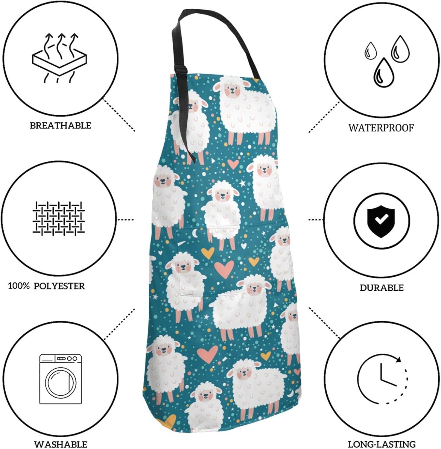 Duduho Delantal con 2 bolsillos, diseño de oveja, corazón y estrellas, delantal para cocinar, babero, para mujeres, hombres, unisex, ajustable,