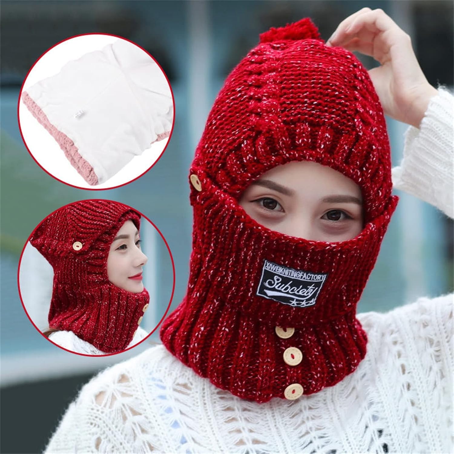 2 en 1 para mujer, bufanda de punto, sombrero elástico cálido de invierno con protectores de oídos, gorra integrada a prueba de viento para