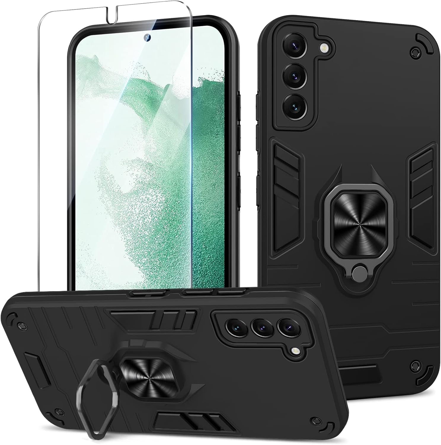 Btstring Funda compatible con Samsung Galaxy S22, con protector de pantalla de vidrio templado, funda a prueba de golpes con soporte, funda