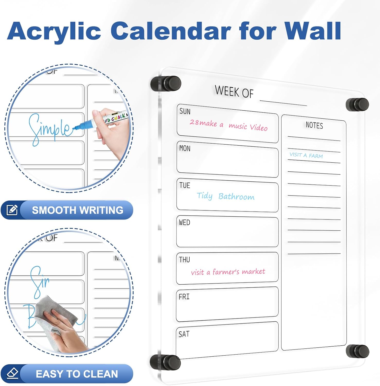 AMUSIGHT Calendario acrílico para pared, calendario acrílico transparente de borrado en seco de 12 x 14 pulgadas, pizarra blanca transparente de