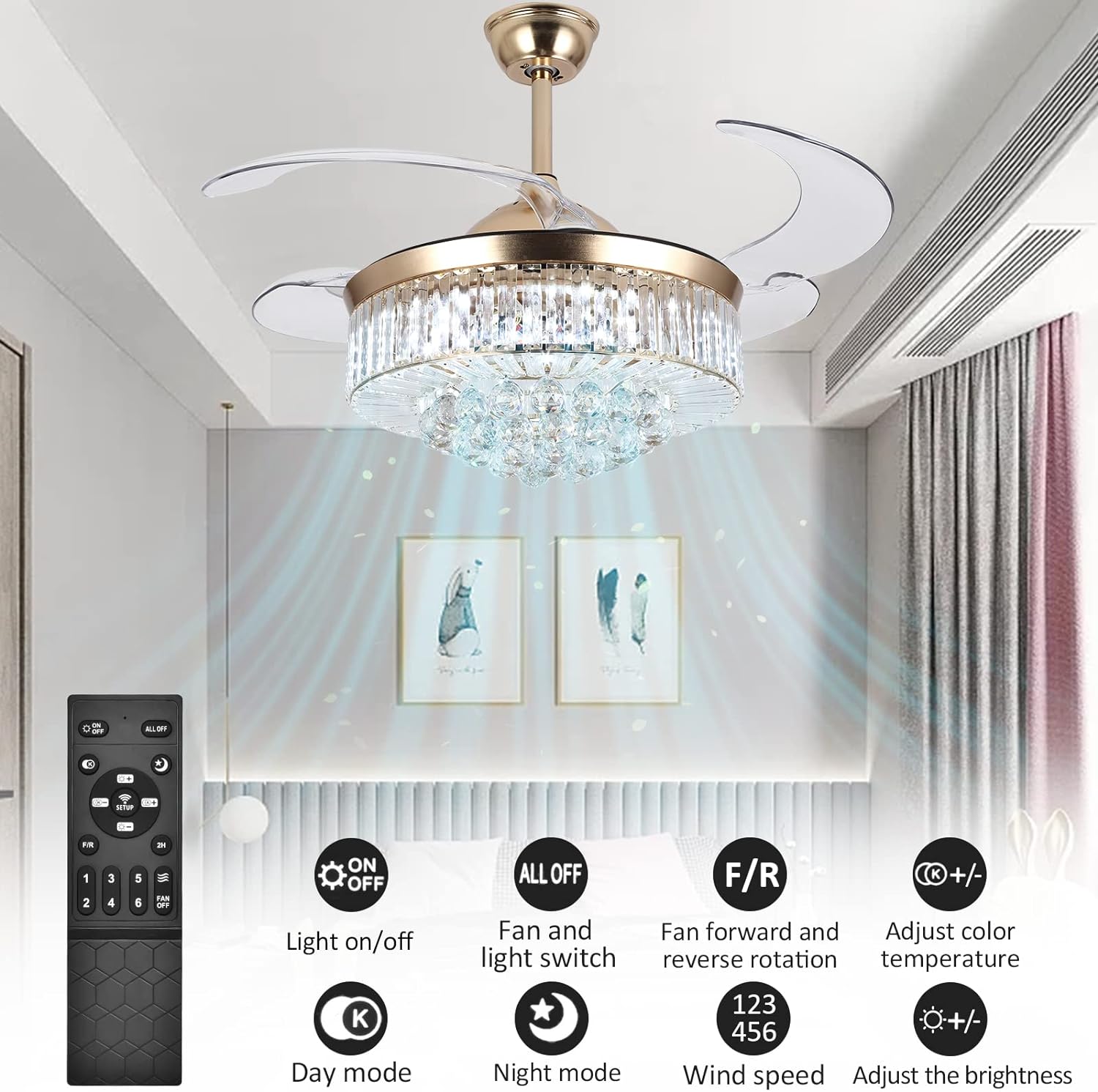 Ventilador de techo de cristal de 42 pulgadas con luces y control remoto, kit de luz LED invisible con cuchillas retráctiles para sala de estar y