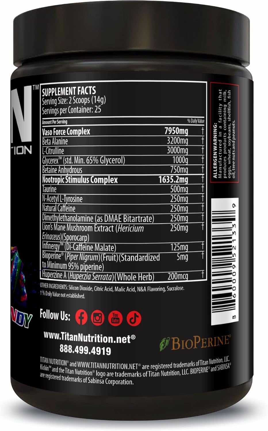 Titan Nutrition Bebida concentrada de preentrenamiento Kickin – Energía, enfoque, resistencia y estado de ánimo – Potente mezcla de cafeína,