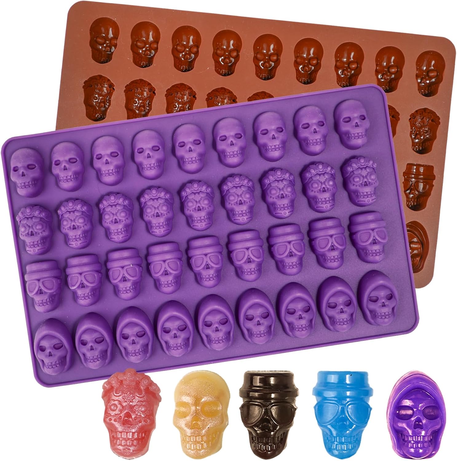 Webake Molde de caramelo de calavera gomosa, 36 cavidades de calavera de Halloween, molde de silicona para caramelos, chocolate, dulces, gelatina,