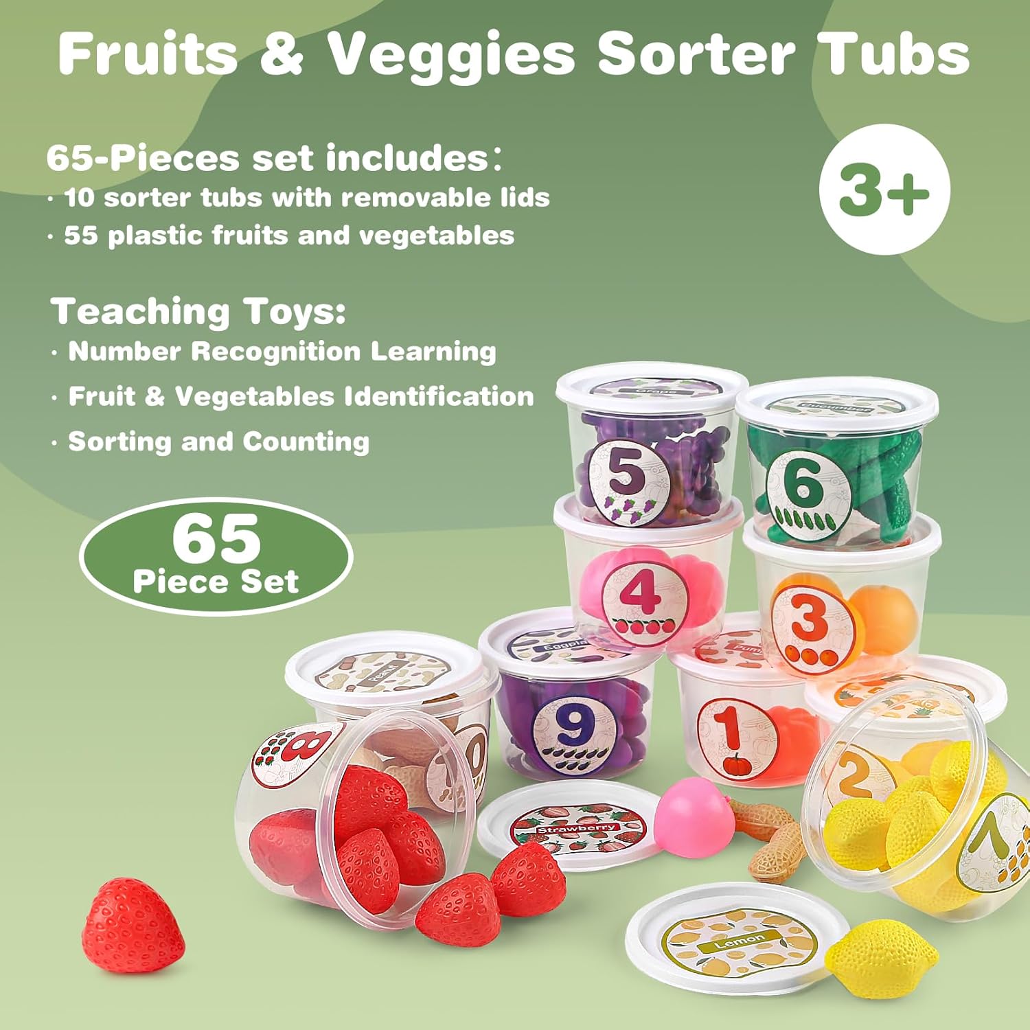 Joyreal Juguetes de clasificación de color, tinas clasificadoras de alimentos con frutas y verduras, 65 piezas de uno a diez juguetes de aprendizaje