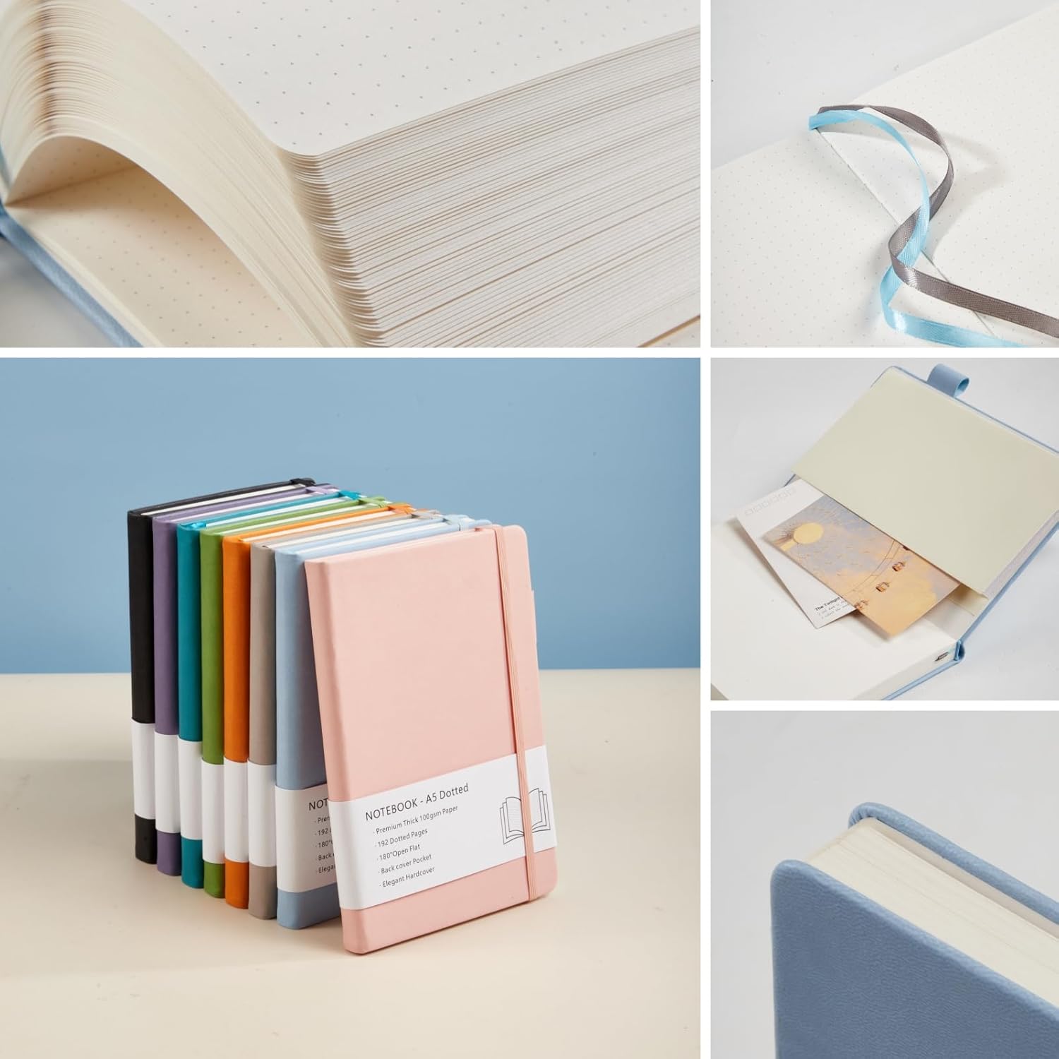 Beinushor Cuaderno punteado A5, diario de tapa dura con papel grueso de 3.53 ozm, 192 páginas, bolsillo interior, bandas elásticas, cubierta de piel